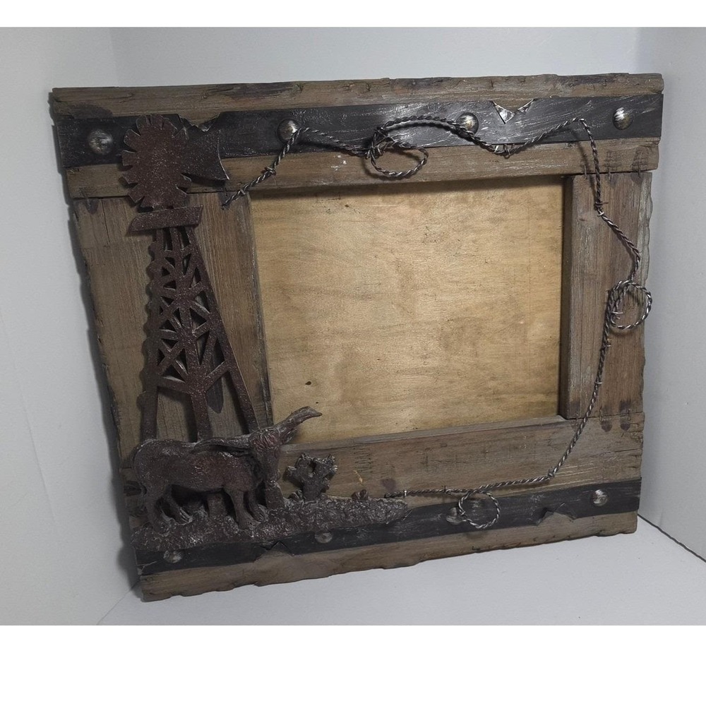 Rustic Western Wood Picture Frame Windmill Longhorn Cactus Metal Accents 14x16